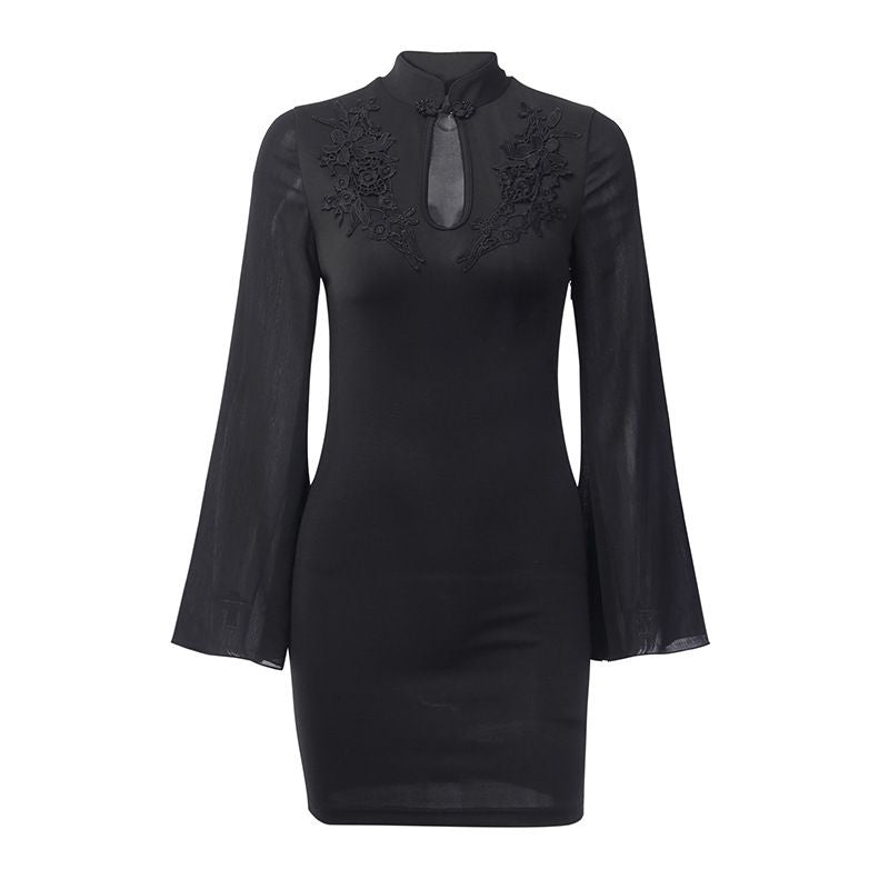 Gothic Style Women Flare Sleeve Stand Collar Sexy Black Bodycon Dress