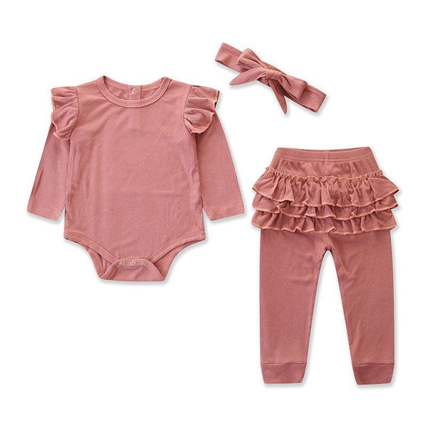 3 Pieces Set Baby Infant Toddler Girl Plain Long Sleeves Tops And Cute Pant With Headband