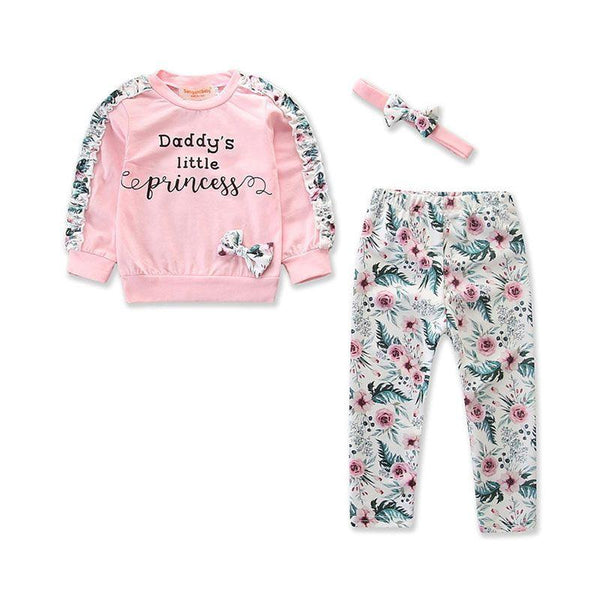 3 Pcs Set Baby Girl Letter Print Patchwork Tops And Floral Pants With Headband