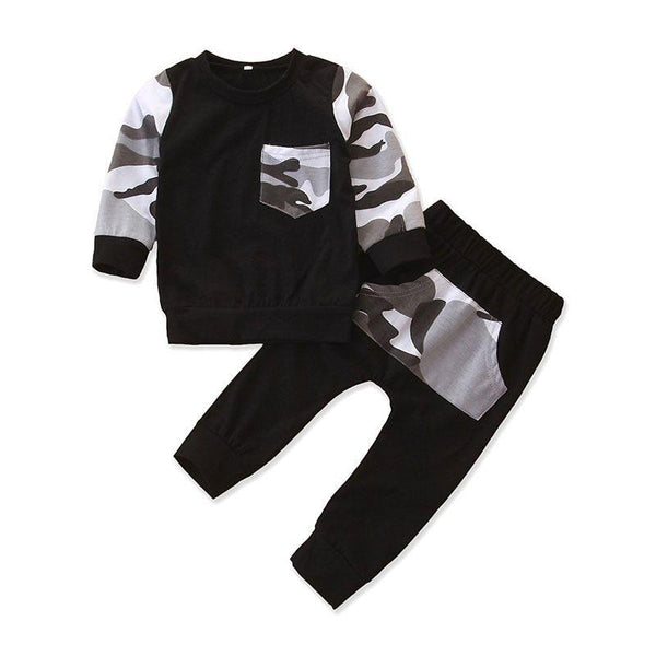 2 Pieces Set Baby Boys Cotton Camouflage Print Patchwork Casual Tops And Pants