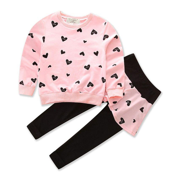2 Pcs Set Girl Cotton Lovely Heart Print Long Sleeves Tops And Patchwork Pants
