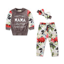 3 Pcs Set Baby Flower Print Patchwork Long Sleeve Tops And Pants White Headband