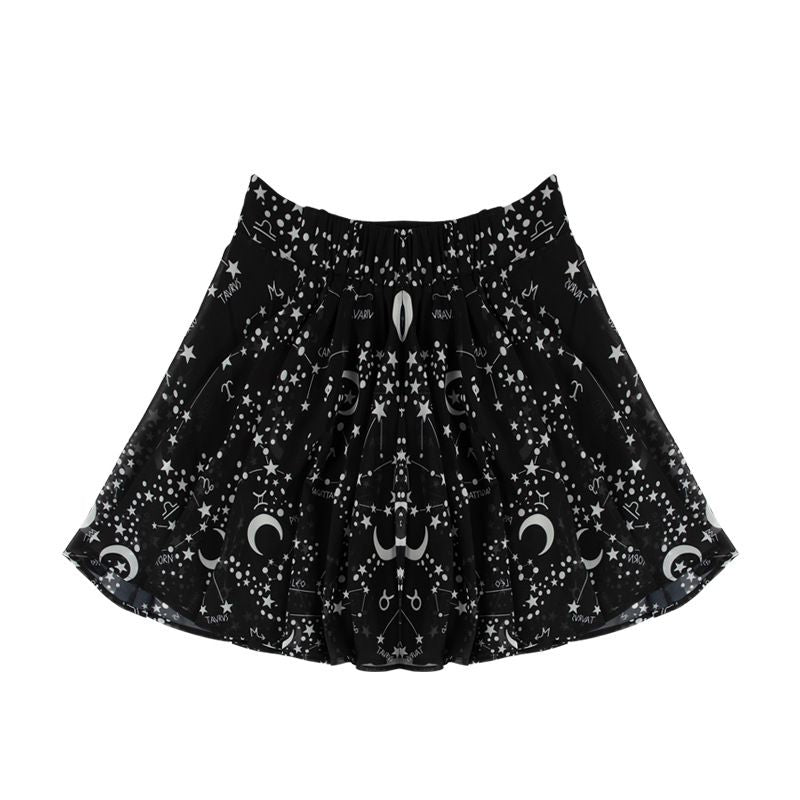 Gothic Style Women Star Moon Print High-waisted Skirt