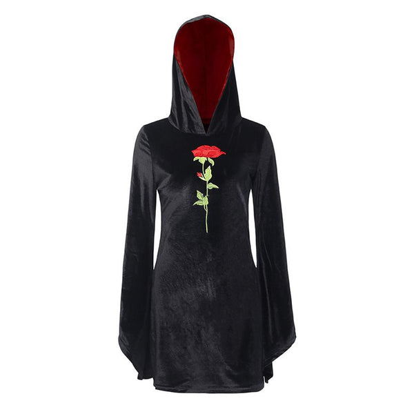 Gothic Style Flare Sleeve Rose Embroidery Design Figure Flattering Hooded Dress