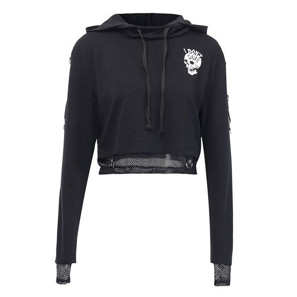 Gothic Style Women Long-sleeve Mesh Stitching Design Skull Print Cropped Hoodies