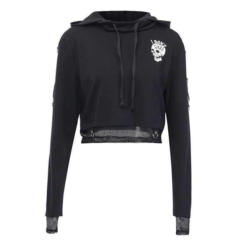 Gothic Style Women Long-sleeve Mesh Stitching Design Skull Print Cropped Hoodies