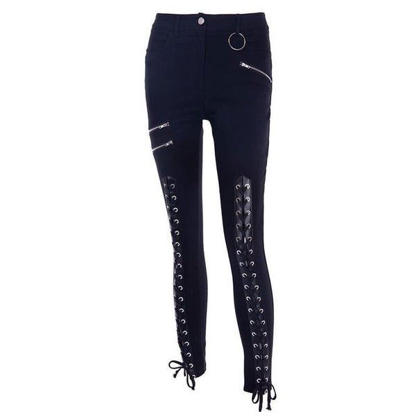 Gothic Style Personality Lace-up Zipper Stitching Women Pencil Pants