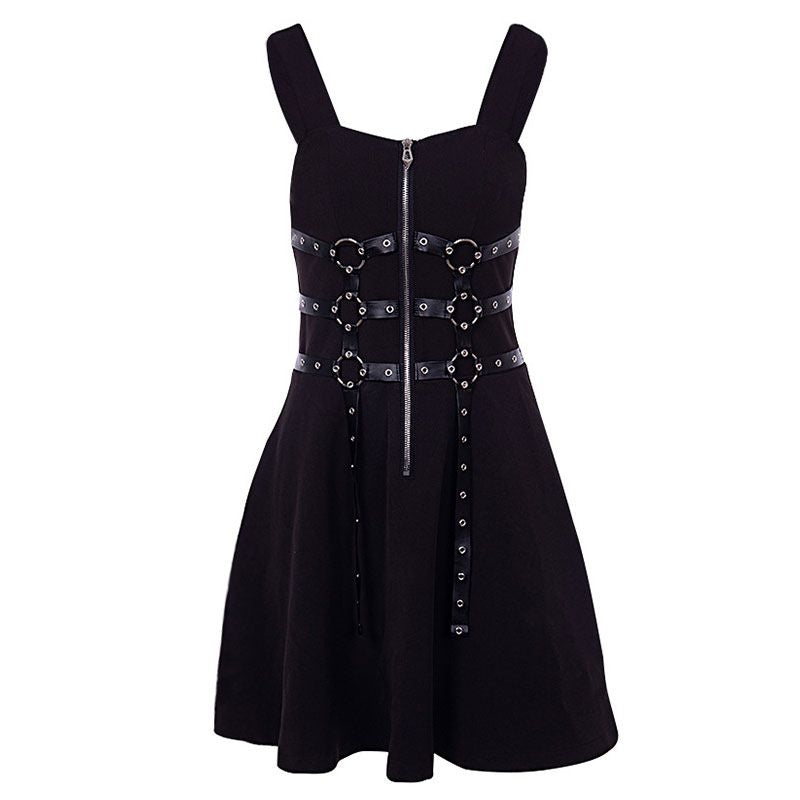 Gothic Style PU Belt Decoration Zipper Design Punk Pattern Women Sundress