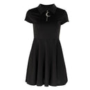 Gothic Style Lapel Metal Moon Decoration Zipper Design Punk Pattern Women Midi Dress