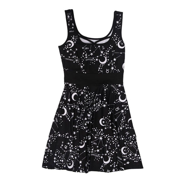 Gothic Style Star Moon Print Defined Waist Sundress