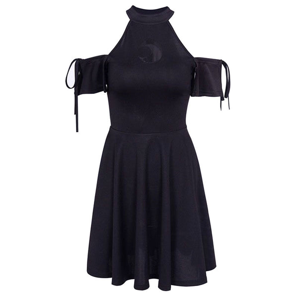 Gothic Style Women Halter Pattern Cool Shoulder Black Color Dress