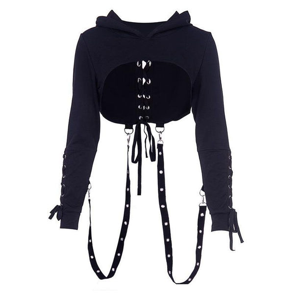 Gothic Style Long-sleeve Lace-up Halloween Cropped Hoodies