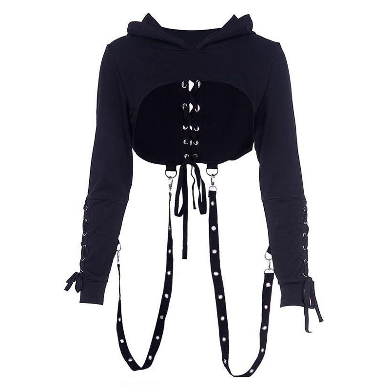 Gothic Style Long-sleeve Lace-up Halloween Cropped Hoodies