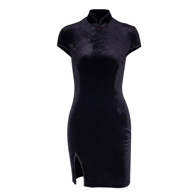 Hot Sale Gothic Style Velvet Fabric Short-sleeve Side-slit Bodycon Dress