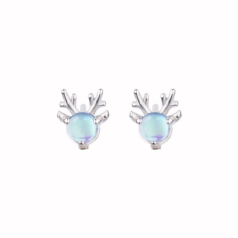 Exquisite Moon Stone Decor Christmas Reindeer Shaped Sterling Silver Stud Earrings