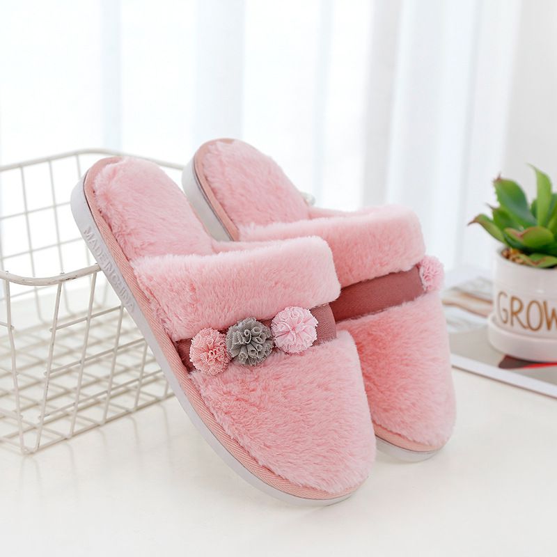 Lace Fluffy Ball Decor Design Winter Warm Indoor Cotton Slippers Shoes