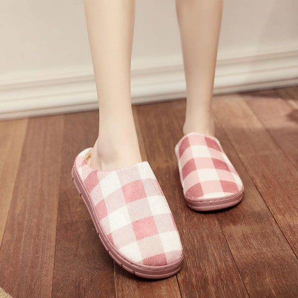 Classic Plaid Pattern Women Winter Soft Outsole Indoor Slippers Shoes