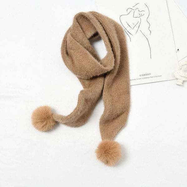 Women Fashion Winter Solid Color Knitted Pom Pom Decor Wrap Scarf