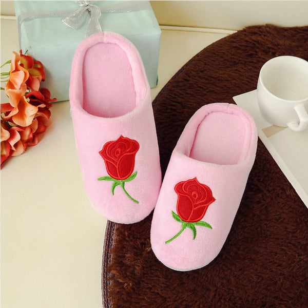 New Arrival Rose Embroidery Upper Indoor Antiskid Cotton Slippers Shoes