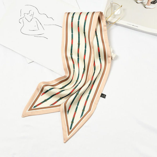 Fashion Classic Contrast Stripes Print Women Elegant Satin Scarf