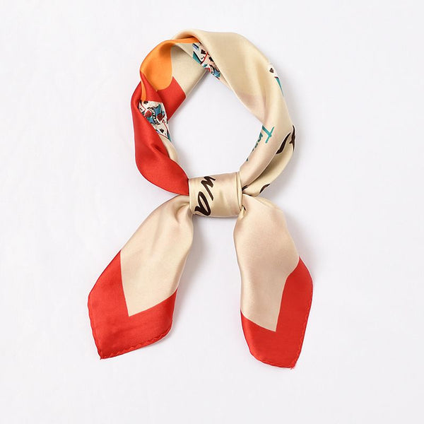 New Design Women Block Color Sheep Girl Printed Satin Square Scarf