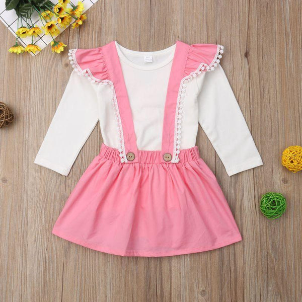 2 Pcs Set Girl Cotton White T-shirt And Ruffle Sleeves Skirt Overall