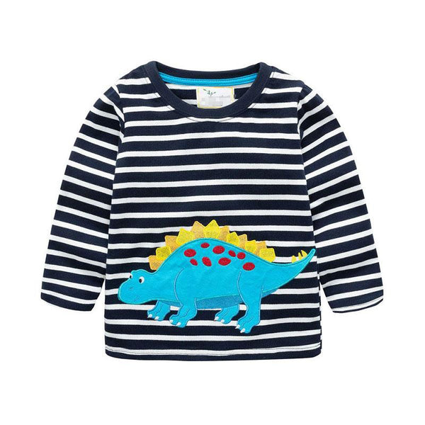 Boys Cotton Stripes Dinosaur Print Long Sleeves T-shirt