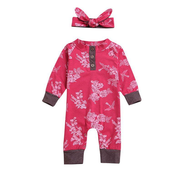 2 Pcs Set Baby Infant Toddler Girl Cotton Flower Print Long Sleeves Jumpsuit And Headband