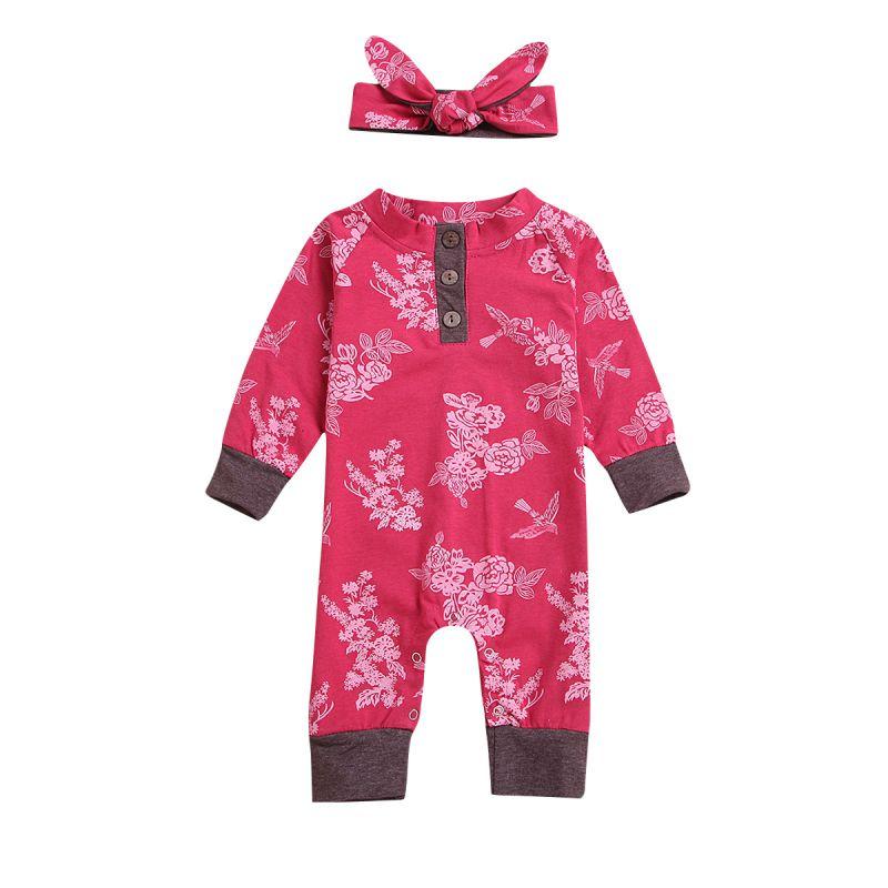 2 Pcs Set Baby Infant Toddler Girl Cotton Flower Print Long Sleeves Jumpsuit And Headband