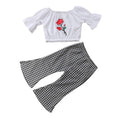 2 Pcs Set Girl Rose Embroidered White Tops And Plaid Print Pants