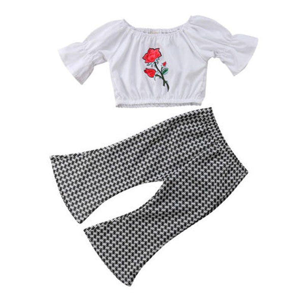 2 Pcs Set Girl Rose Embroidered White Tops And Plaid Print Pants