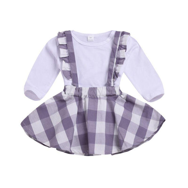 2 Pcs Set Baby Girl Cotton White Bodysuits And Plaid Print Skirts Overalls