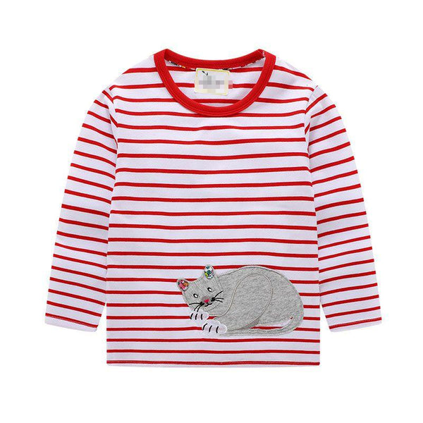 Girl Cotton Red Stripes Animals Print Long Sleeves T-shirts