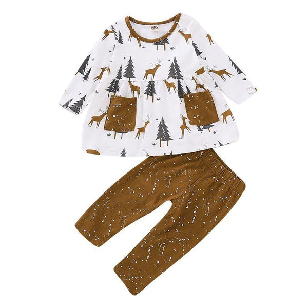 2 Pcs Set Girl Elk Print Round Neck Tops And Pants