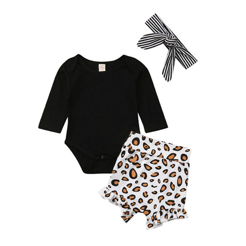 3 Pcs Set Baby Girl Cotton Black Long Sleeves Bodysuit And Leopard Print Short With Headband