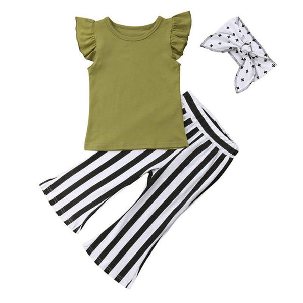 3 Pcs Set Girl Green Ruffle Sleeves T-shirts And Stripes Print Pant With Headband