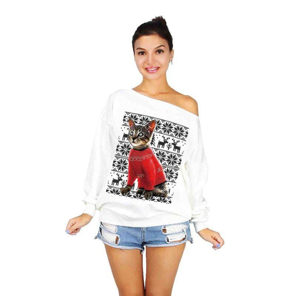 Women Fashion Oblique Shoulder Graphic Print Christmas Style Casual Loose Sweatshirt