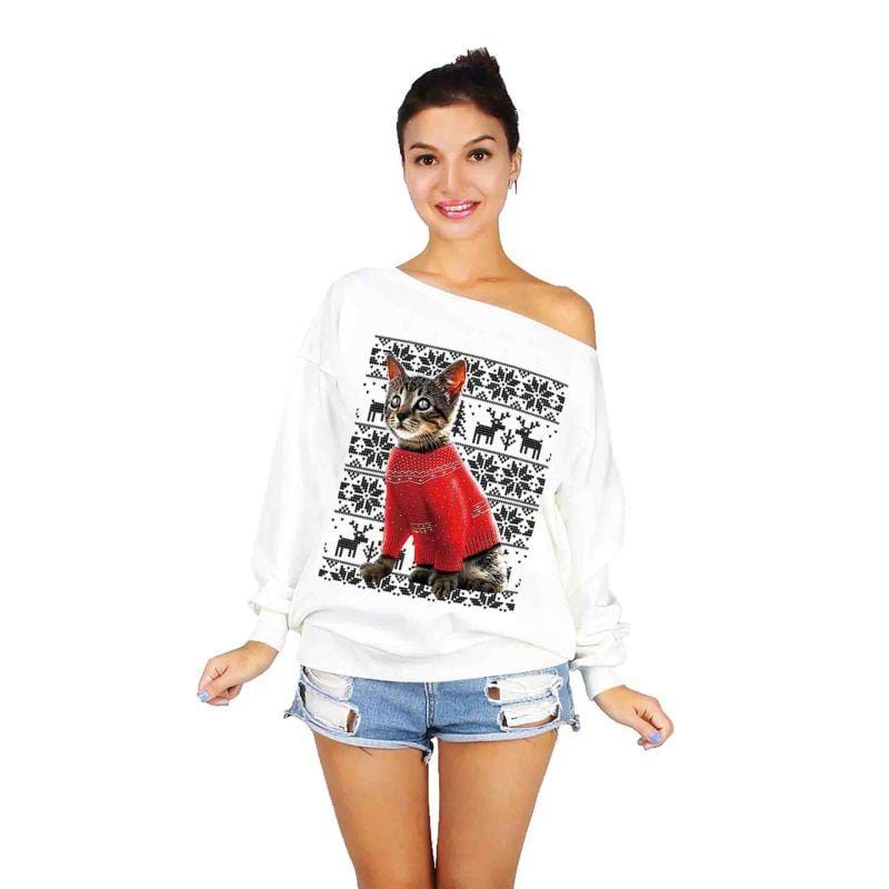 Women Fashion Oblique Shoulder Graphic Print Christmas Style Casual Loose Sweatshirt