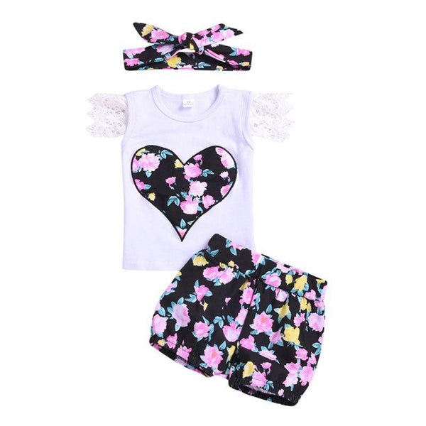 3 Pcs Set Baby Girl Heart Flower Print Lace Sleeves T-shirts And Shorts