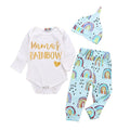 3 Pcs Set Baby Infant Toddler Cotton Gold Letter Print Bodysuit And Rainbow Pant With Hat