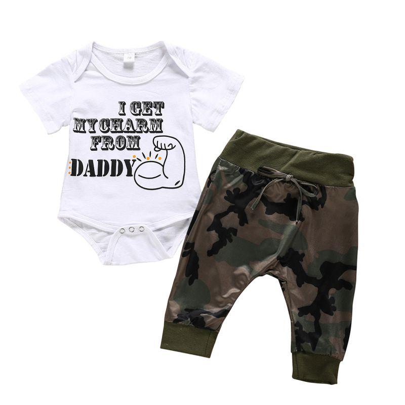 2 Pcs Set Baby Infant Boys Cotton Letter Print Short Sleeves Bodysuit And Camouflage Pant