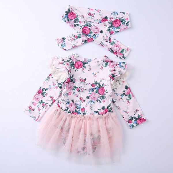 2 Pcs Set Baby Girl Fresh Pink Flower Print Long Sleeves Patchwork Bodysuit And Headband