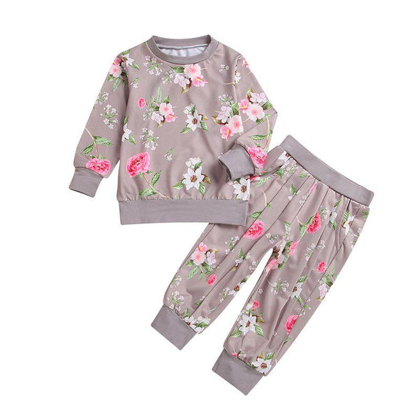 2 Pcs Set Causal Girl Cotton Flower Print Long Sleeves Tops And Pants