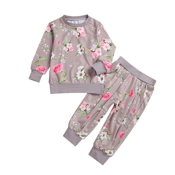 2 Pcs Set Casual Girl Cotton Flower Print Long Sleeves Tops And Pants