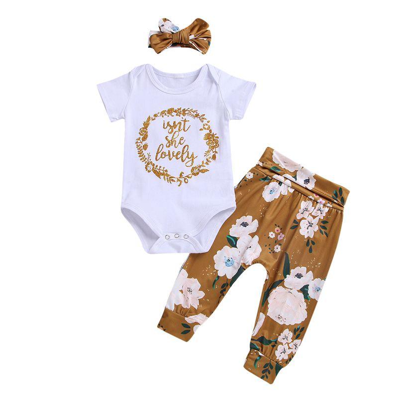 3 Pcs Set Baby Infant Toddler Girl Cotton Letter Print Short Sleeves Bodysuit And Floral Pant With Headband