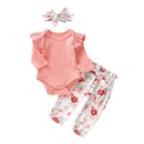 3 Pcs Baby Girl Cotton Pink Bodysuit And Floral Pant With Bowknot Headband