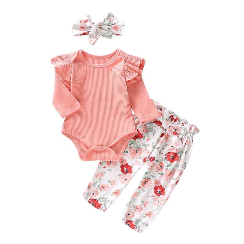 3 Pcs Baby Girl Cotton Pink Bodysuit And Floral Pant With Bowknot Headband
