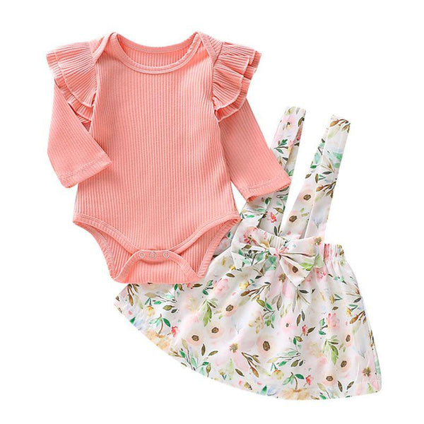 2 Pcs Set Baby Girl Pink Long Sleeves Bodysuit And Floral Print Skirt Overall