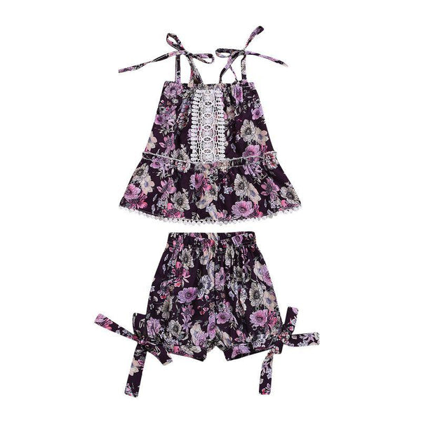 Ethnic Style 2  Pcs Set Girl Floral Print Spaghetti Strap Tops And Shorts