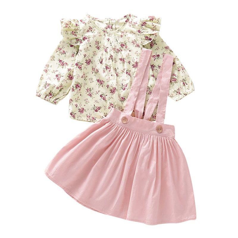 2 Pcs Set Fresh Style Baby Girl Floral Tops And Pink Skirts Overalls